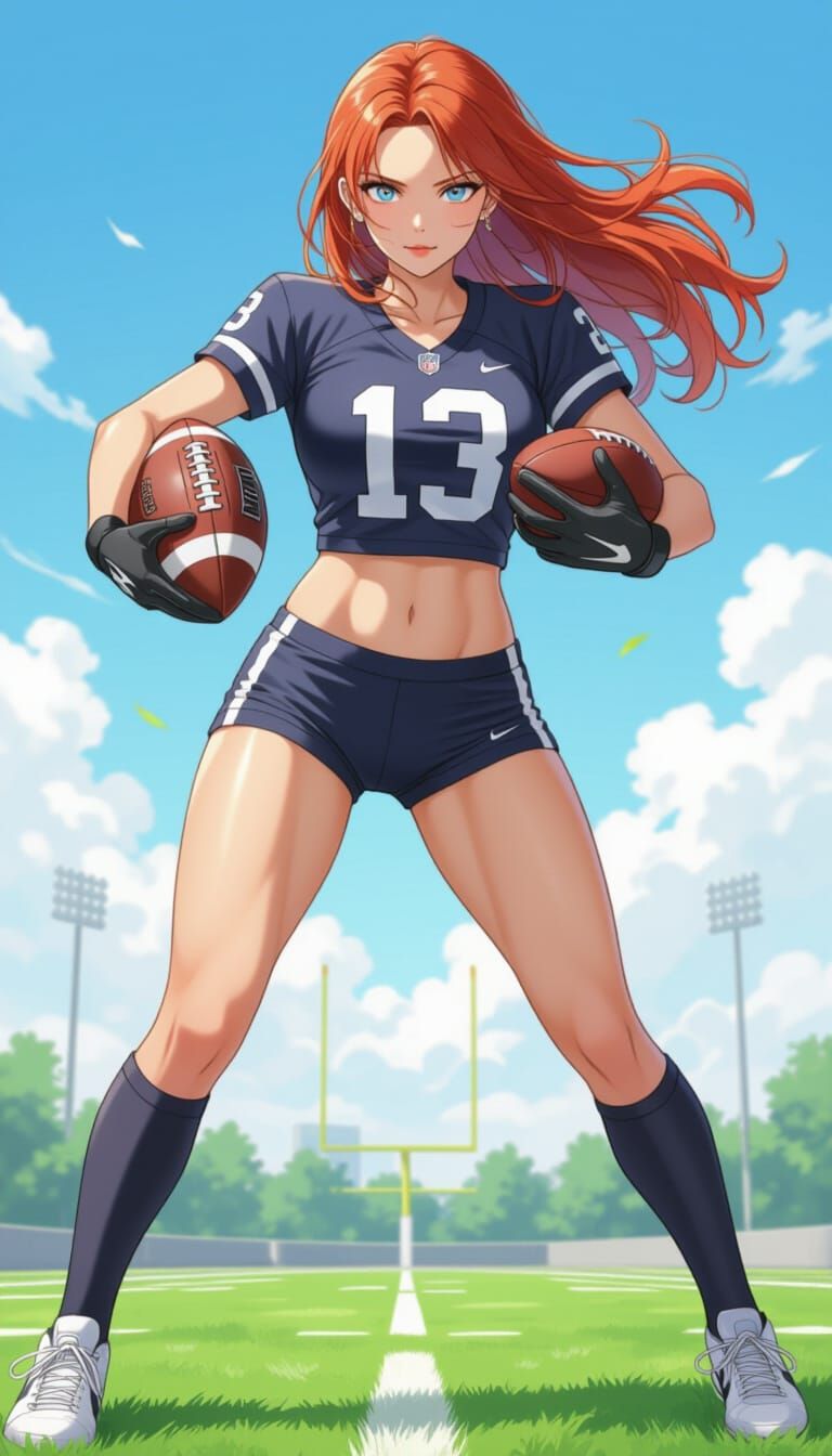 Hyperdetailed Illustration: Redhead Woman Playing Football