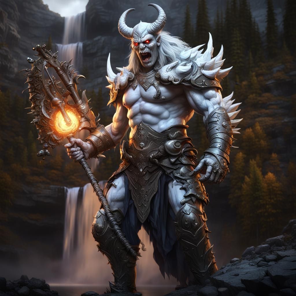 Demon Giant on River Shore, Dark Fantasy Art
