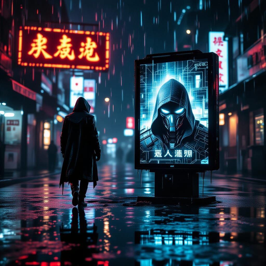 Cyberpunk Figure in Rain-Soaked Cityscape
