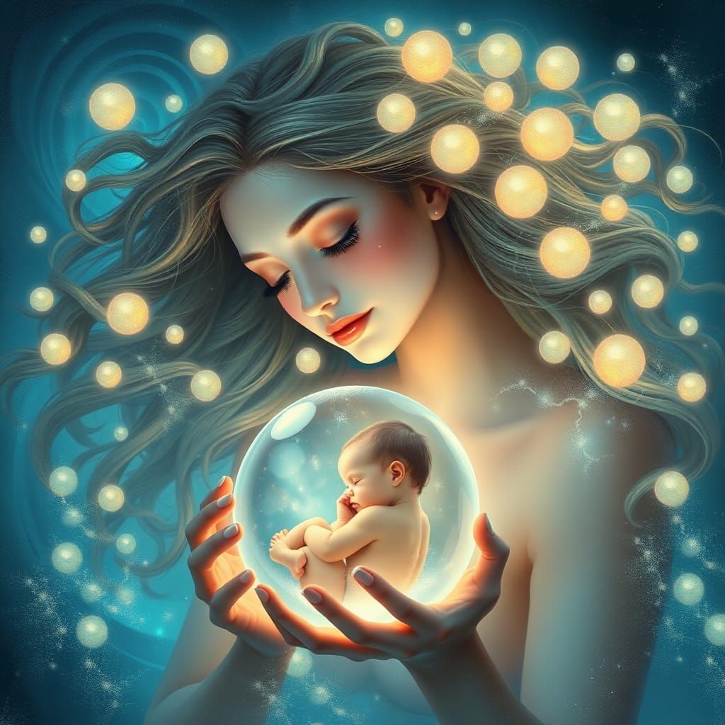 Mystical Woman with Luminous Hair and Cosmic Baby