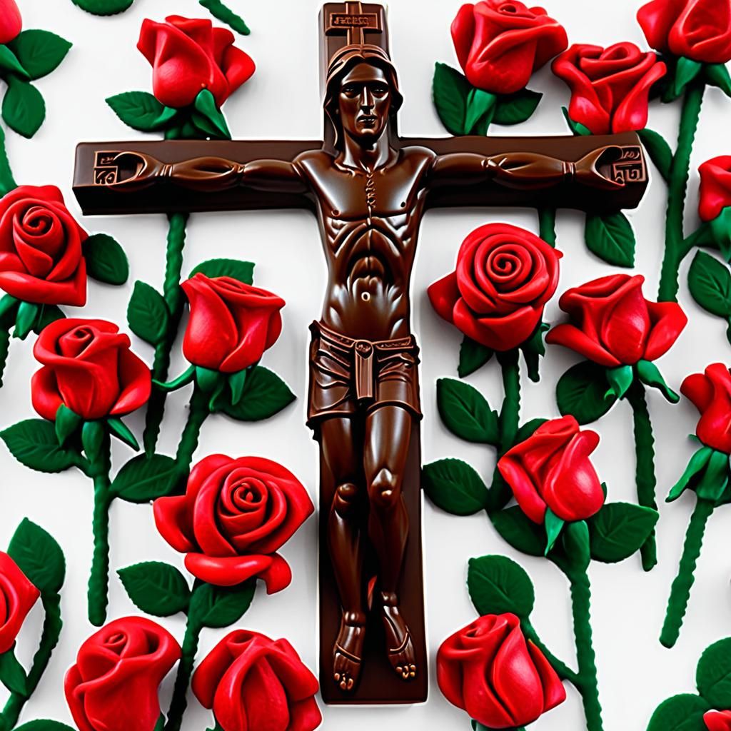Chocolate Crucifix Sculpture with Roses in Precisionism Styl...