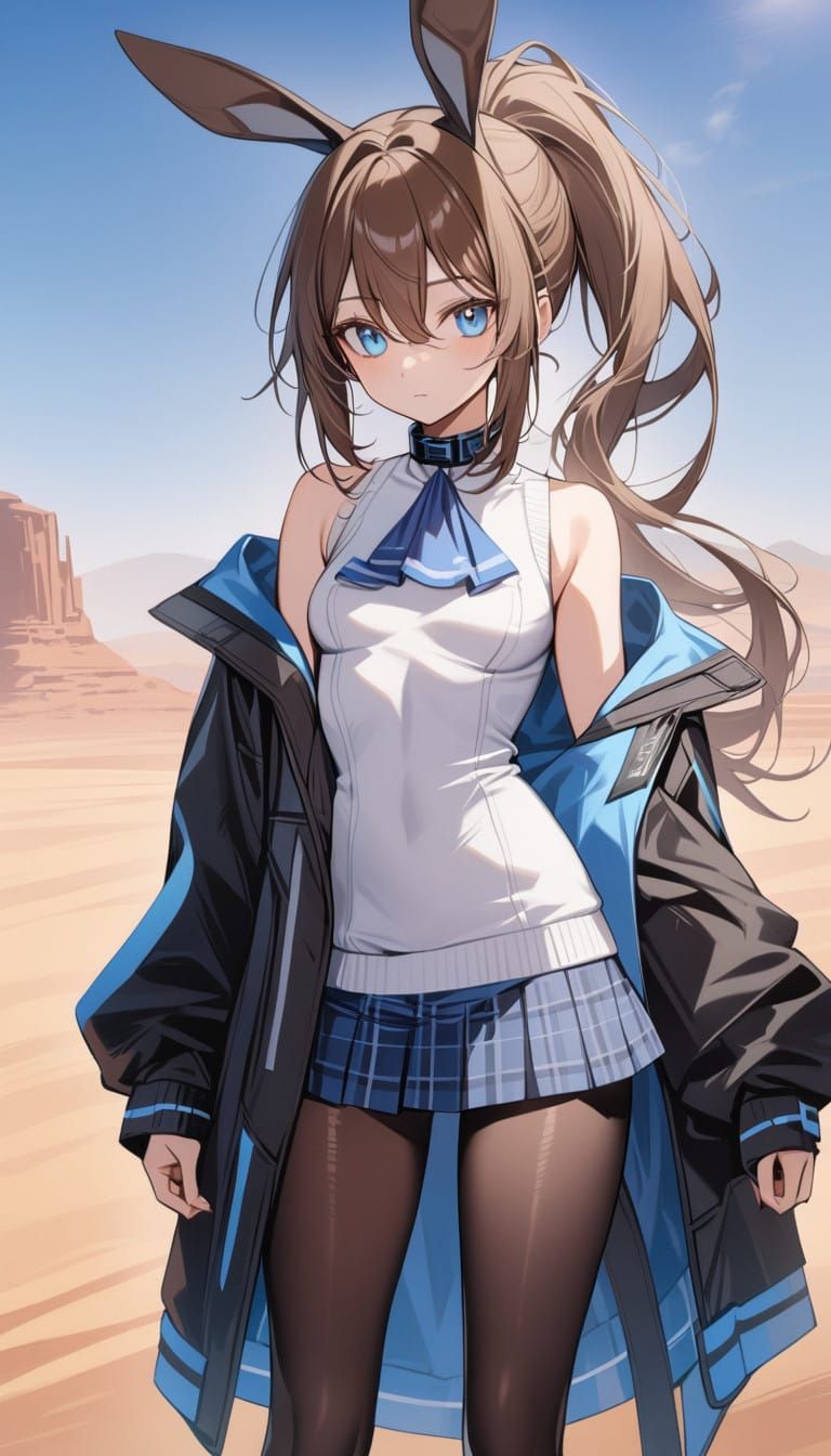 Futuristic Girl with Bunny Ears and Blue Plaid Skirt