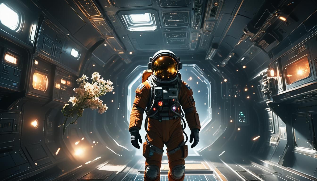 Astronaut in Spaceship with Blooming Flower