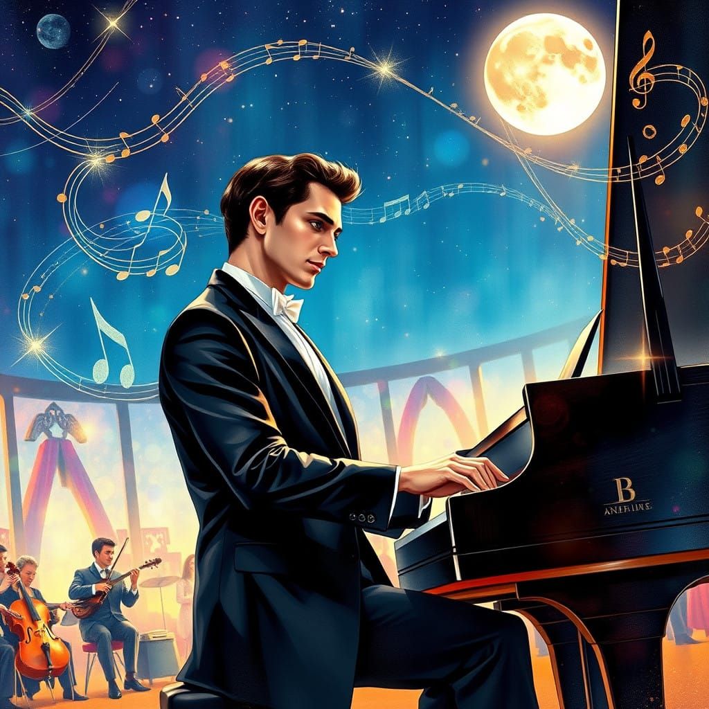 Composer Plays Piano Under Starry Night Sky in Dreamlike Poi...