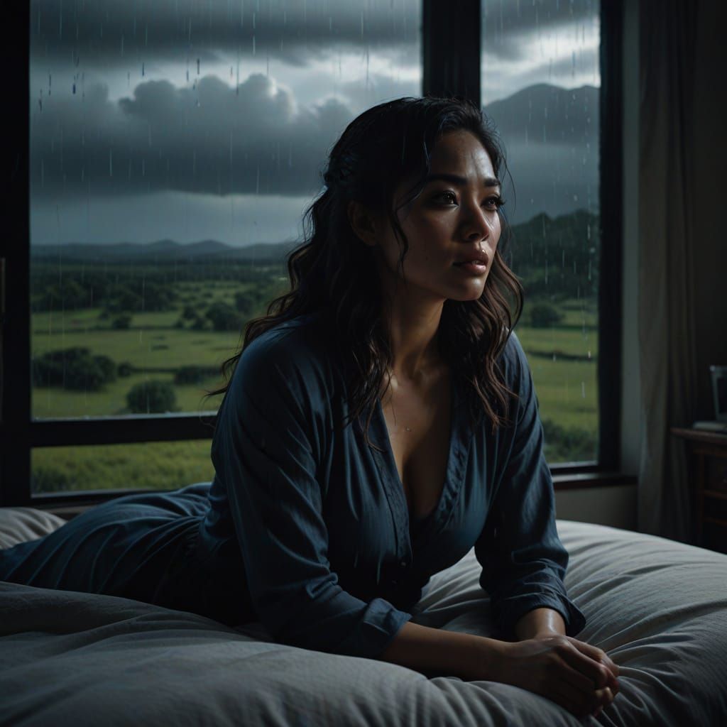 Latina Woman in Rainy Landscape Cinematic Film Still