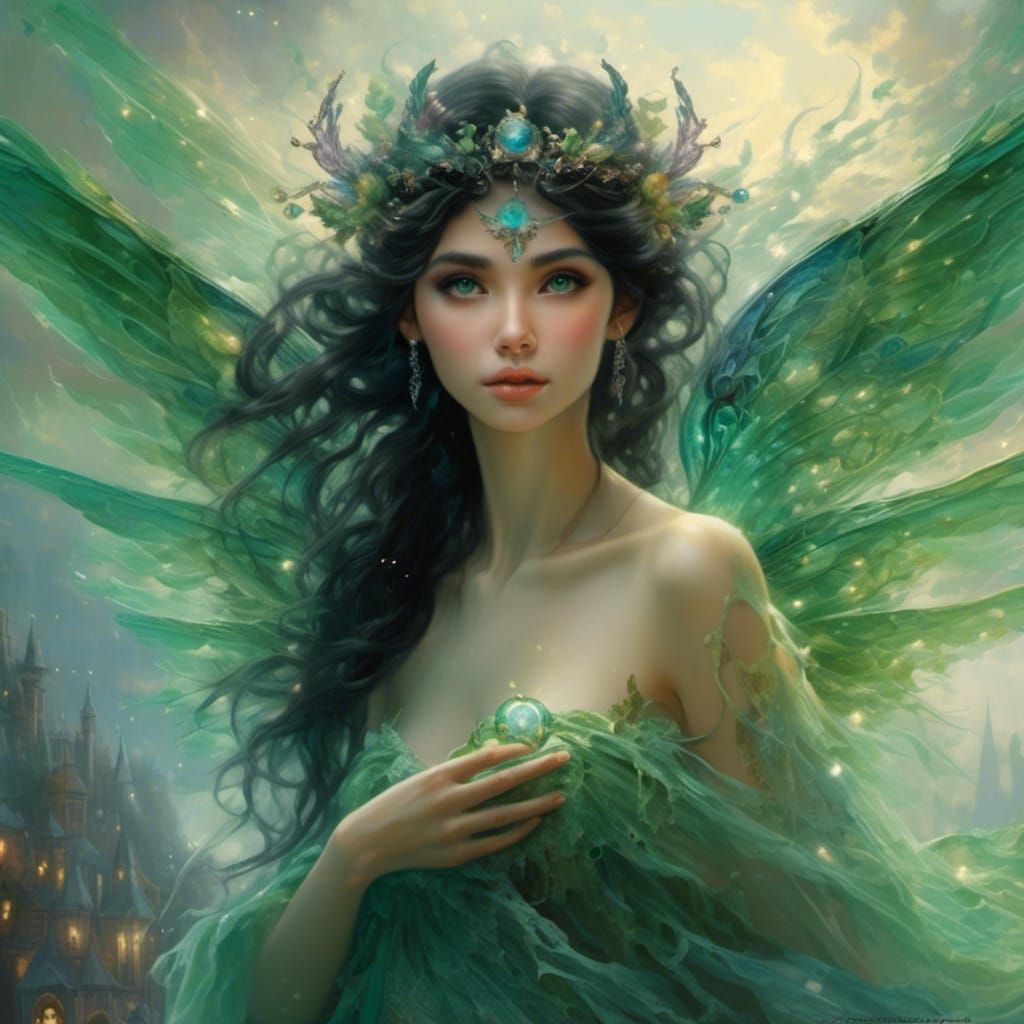 Hyperrealistic Fairy with Emerald Eyes and Wings