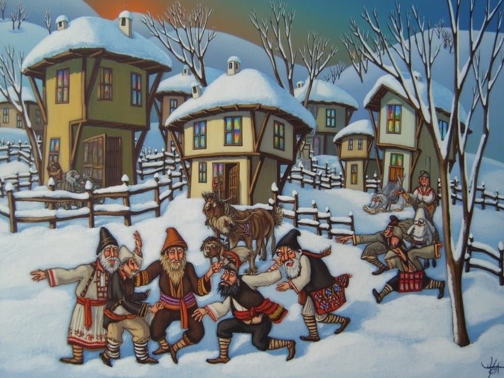Winter Village Scene with Priests in Naive Art Style