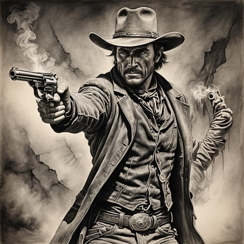 Wild West Gunslinger Spinning Gun: Charcoal Art