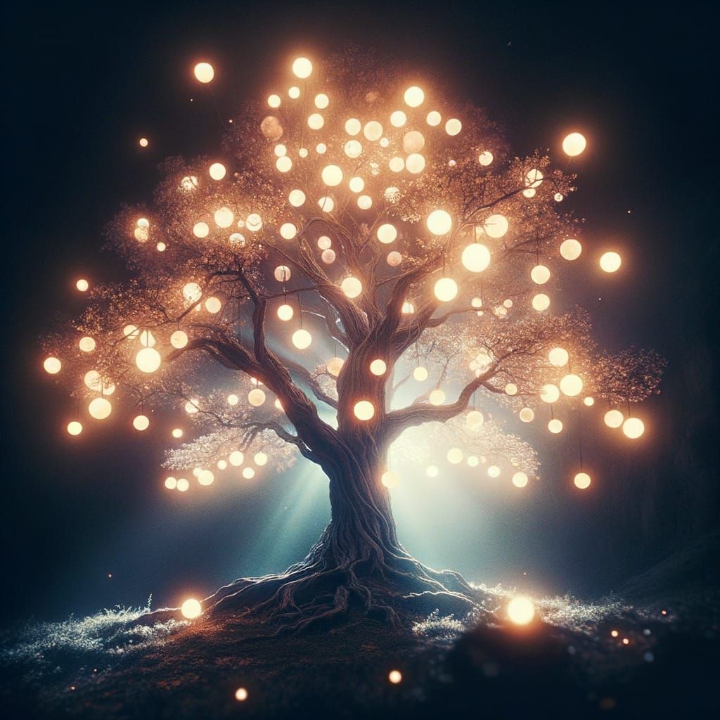 Magical Tree Grows Celestial Orbs in a Vintage Cinematic Sty...