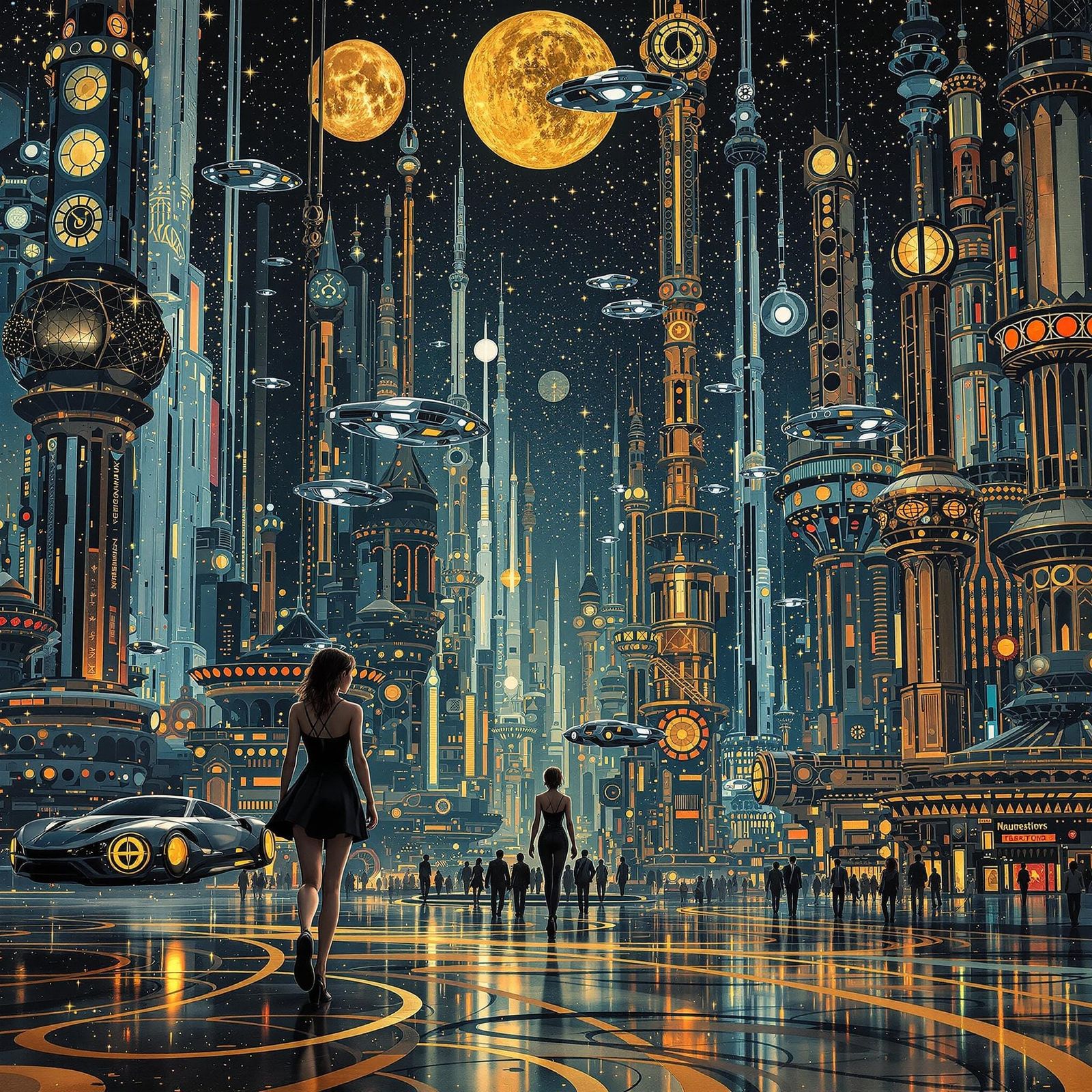 Art Nouveau Woman in Futuristic Cityscape