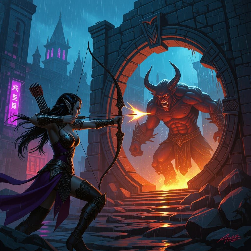 Night Elf Huntress Battles Demon: Hyperrealistic Splash Art