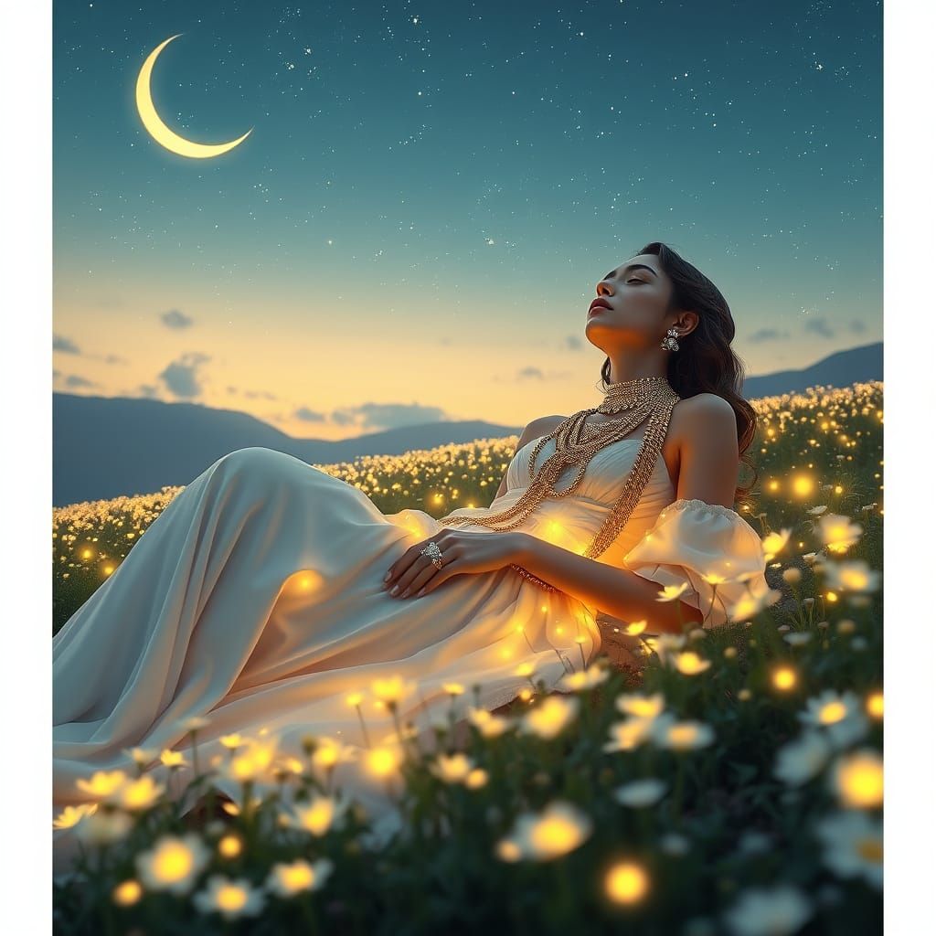 Young Woman in Ethereal Glow, Surrounded by Bioluminescent F...