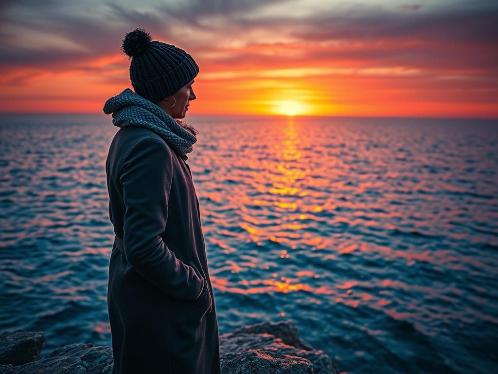Contemplative Woman at Caspian Sea Sunset