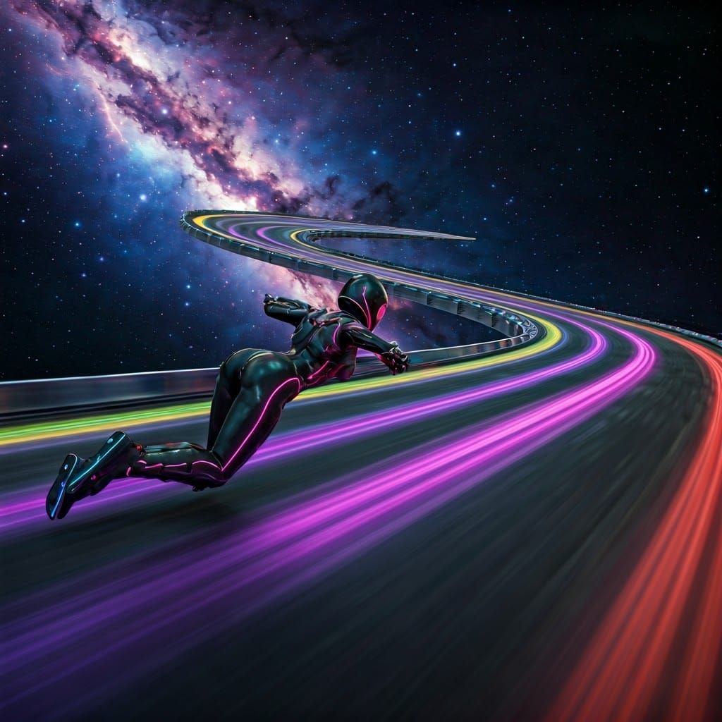Neon Racer on Rainbow Road in Space