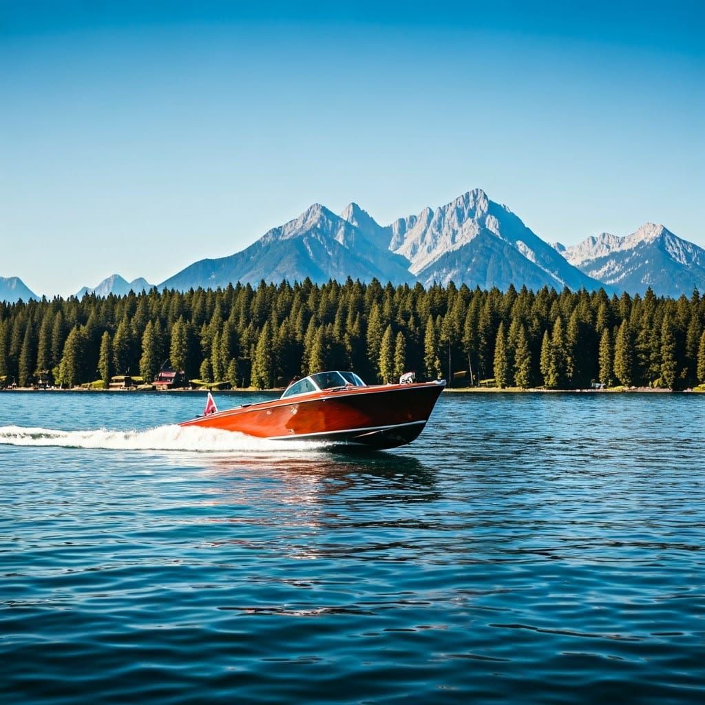 Vintage Motorboat on Serene Lake in Classic Style