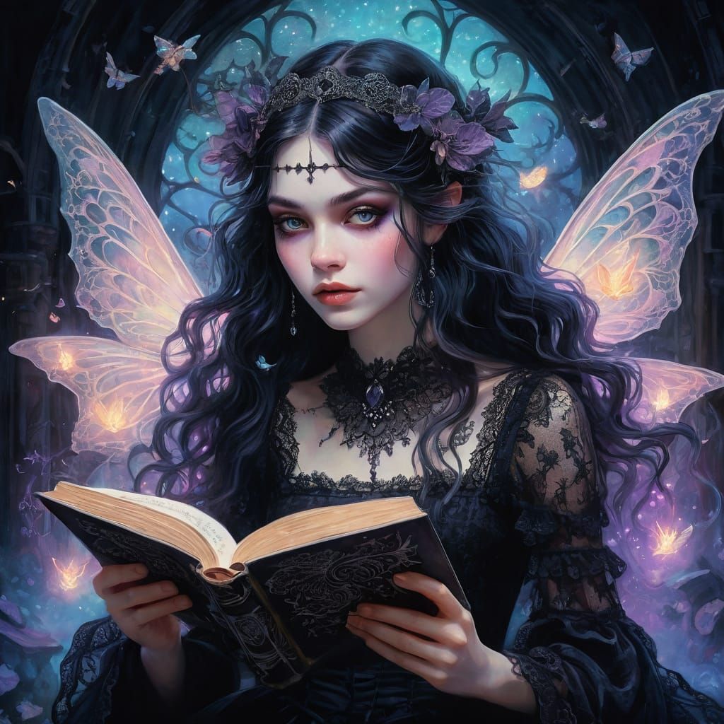 Gothic Witch Portrait with Fairies, Watercolor Art