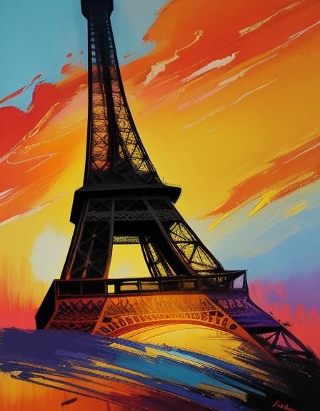 Eiffel Tower in Abstract Expressionism with Sunset