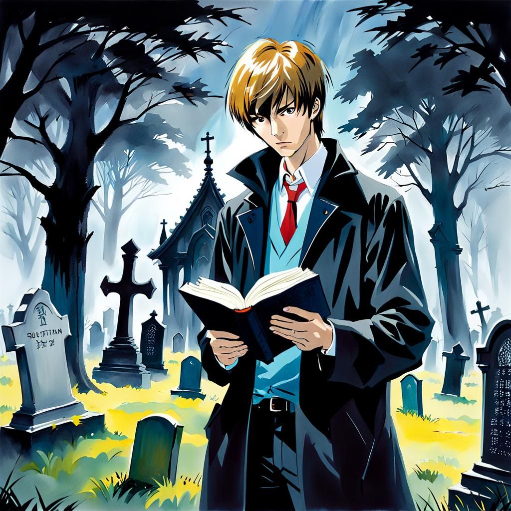 Light Yagami reading in the graveyard