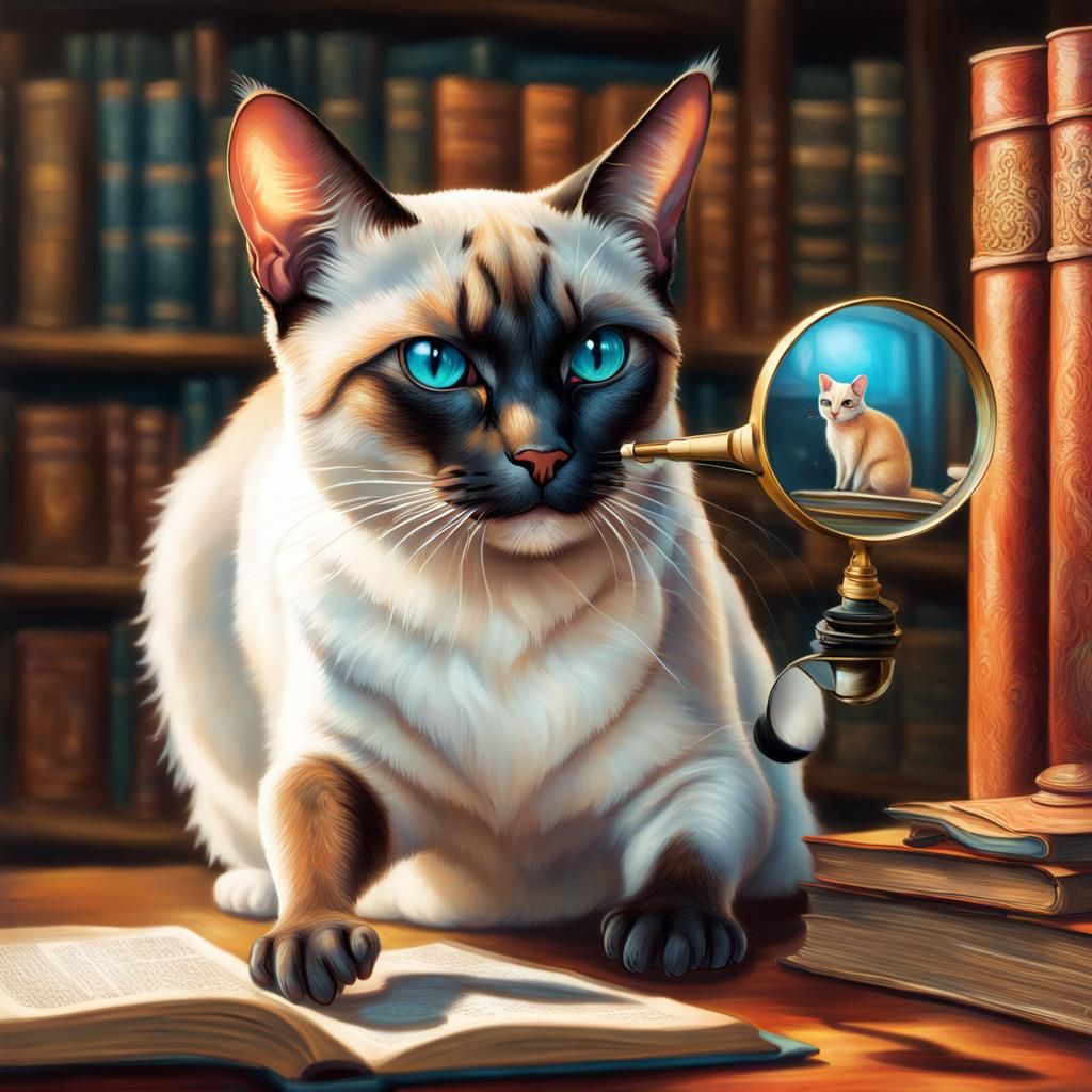 Siamese Cat Detective Inspects Tiny Mouse