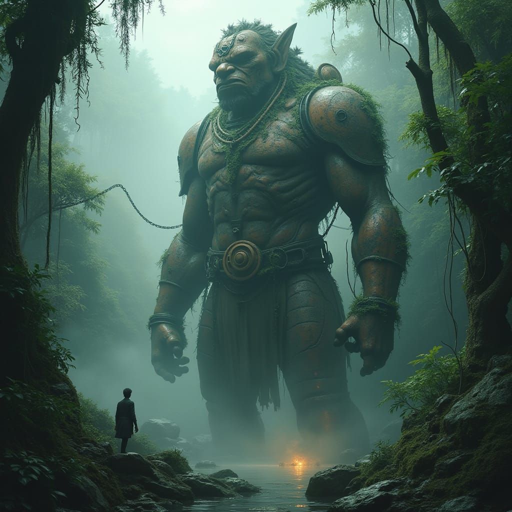 Ancient Steampunk Deity Statue in Misty Jungle