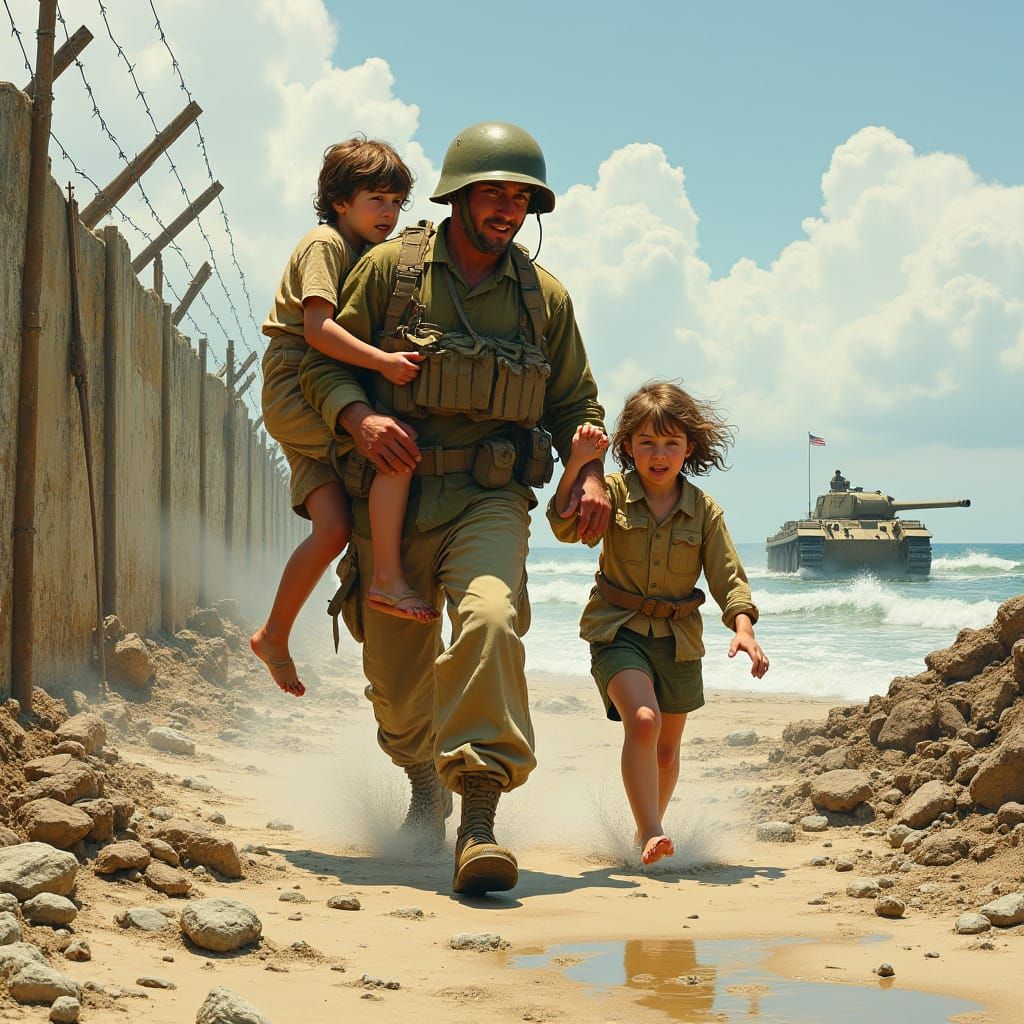 Marine Rescue in War-Torn Village, Dramatic Illustration