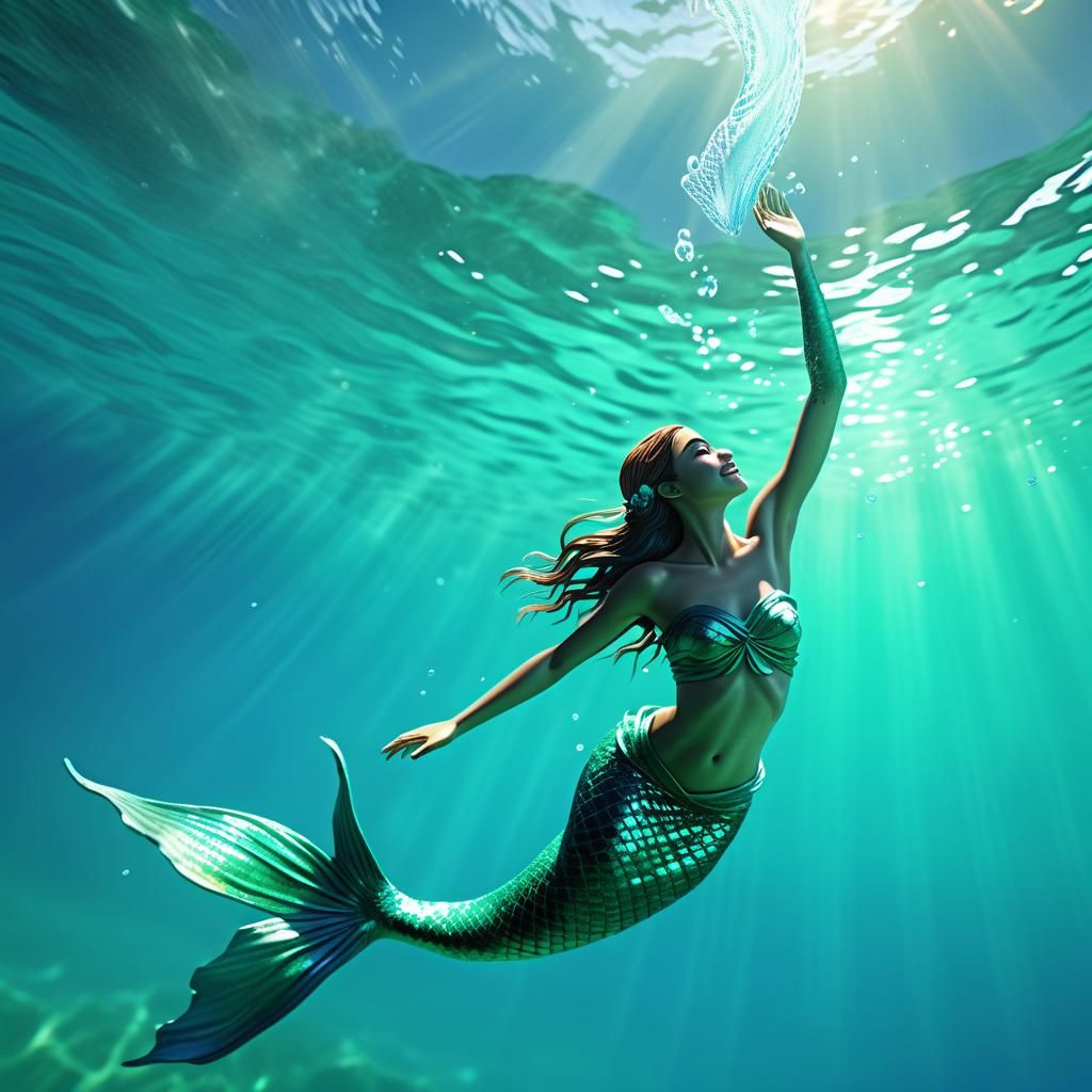 Emerald Mermaid Exploring Cerulean Blue Water in 8k