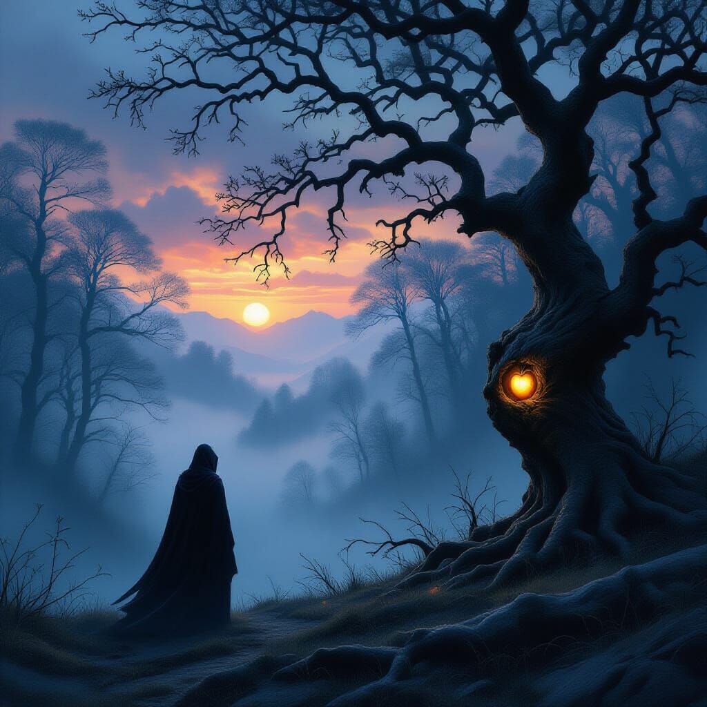 Mysterious Figure in Misty Forest at Twilight