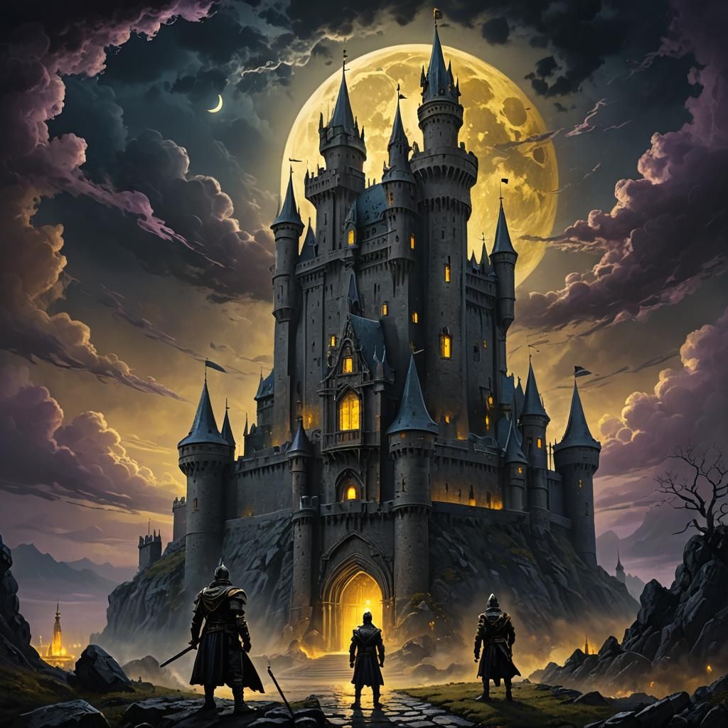 Guards Before Black Castle Under Yellow Moon