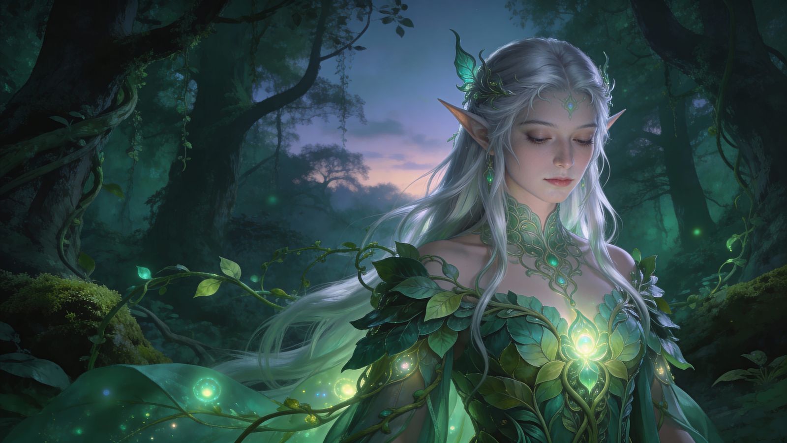 Ethereal Elf in Emerald Forest Twilight