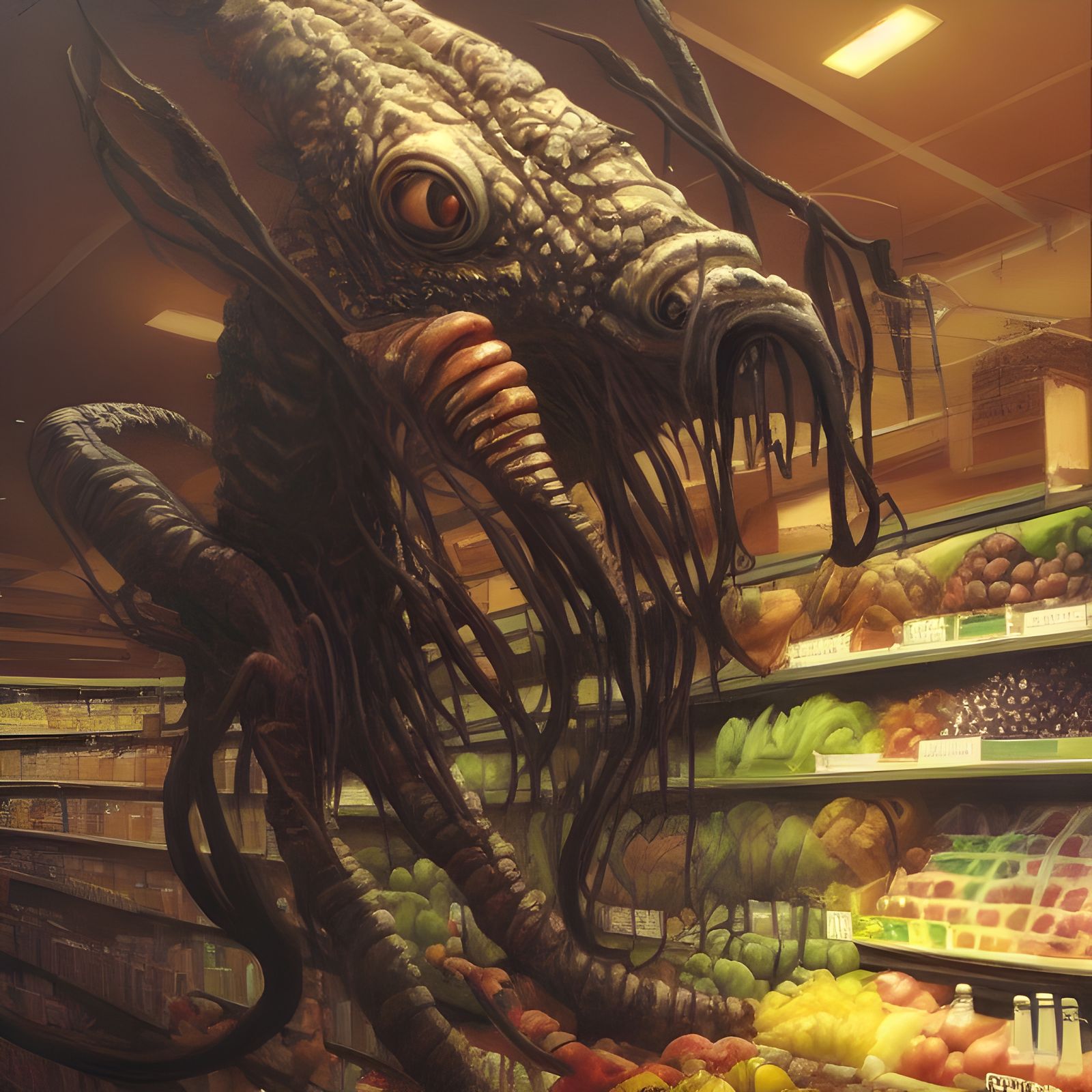 Grotesque Creature in Grocery Store, Oil Painting