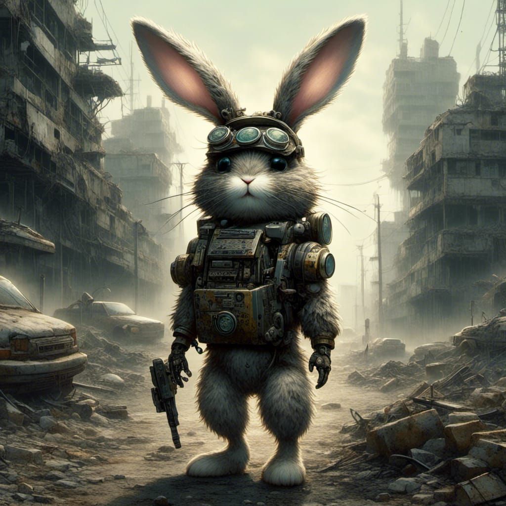 Cyberpunk Robo-Rabbit Enforcer in Post-Apocalyptic World