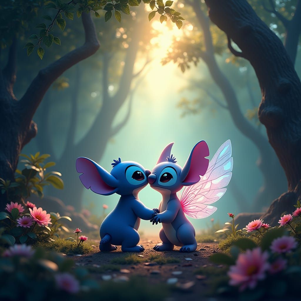 Stitch and Angel in a Mystical Forest