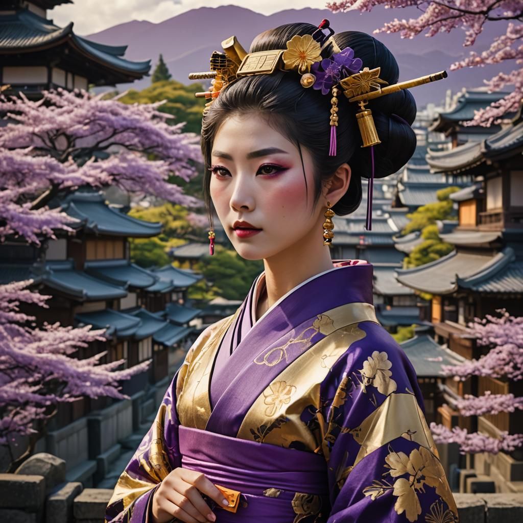 Modern Geisha Portrait in Kyoto, Detailed Matte Painting