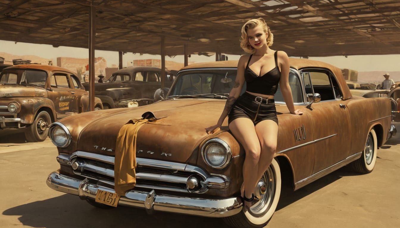Pin-Up Girl Leans Against a Rusted Rat Rod in a Desert Diner...