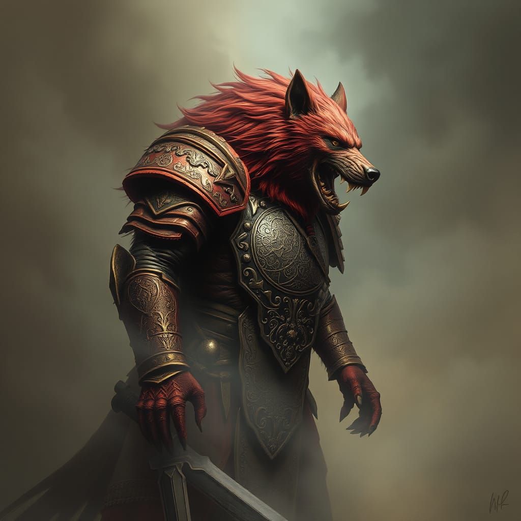 Armored Werewolf in Fog, a Dark Fantasy Warrior