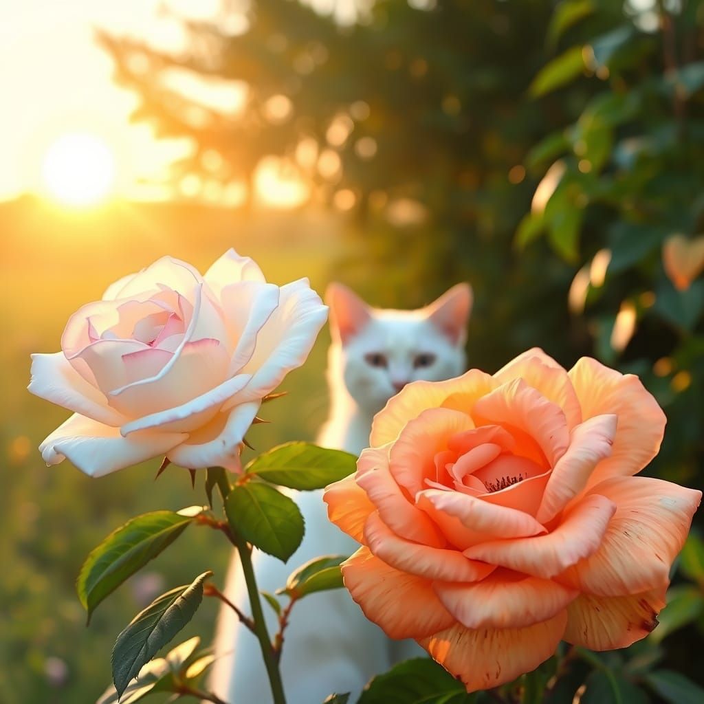 Serene Landscape with Roses and a Glowing Cat