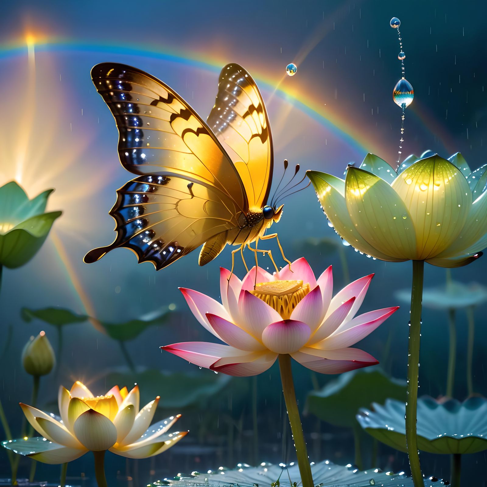 Golden Butterfly on Bioluminescent Lotus Flower
