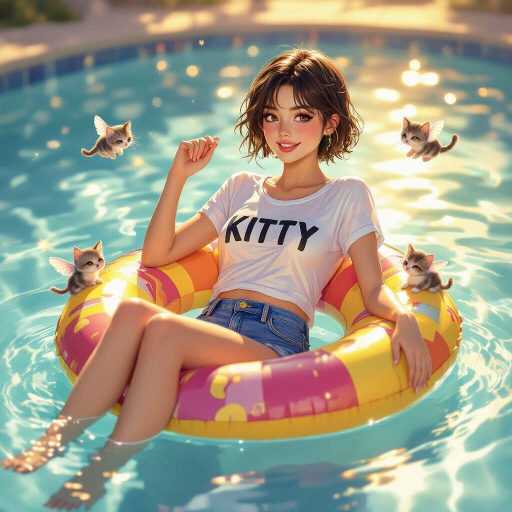 Woman Relaxing on Pool Floatie with Winged Kittens