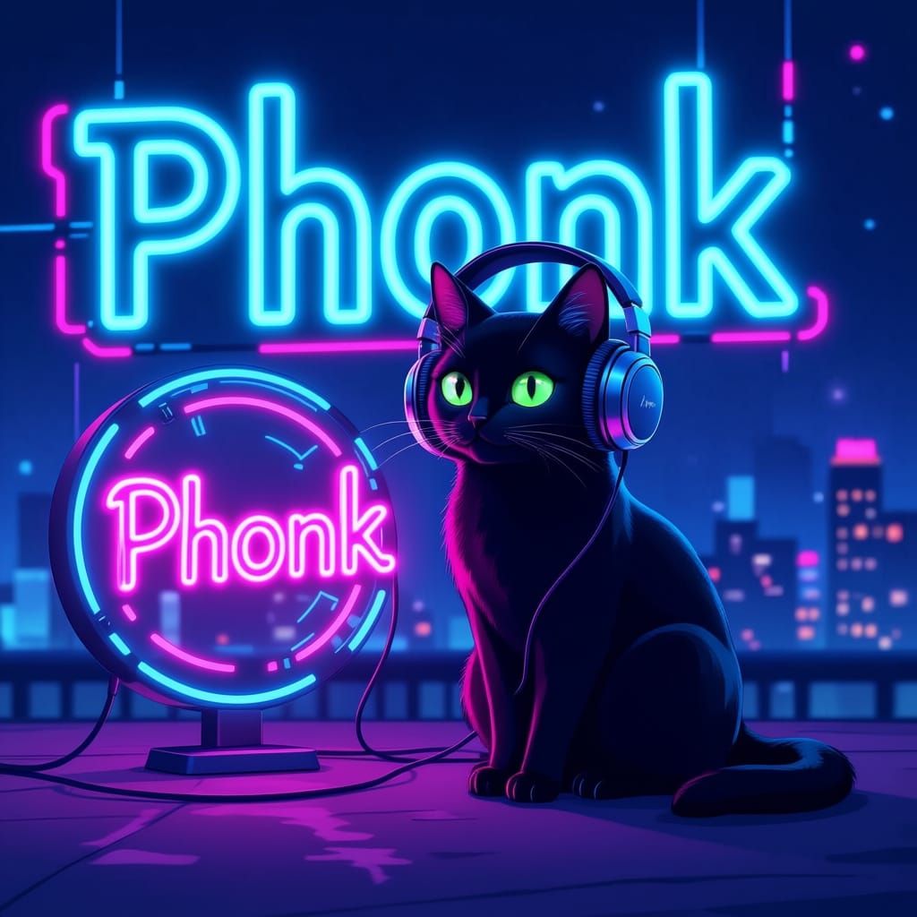 Cute Black Cat with Headphones by Cybernetic 'Phonk' Track
