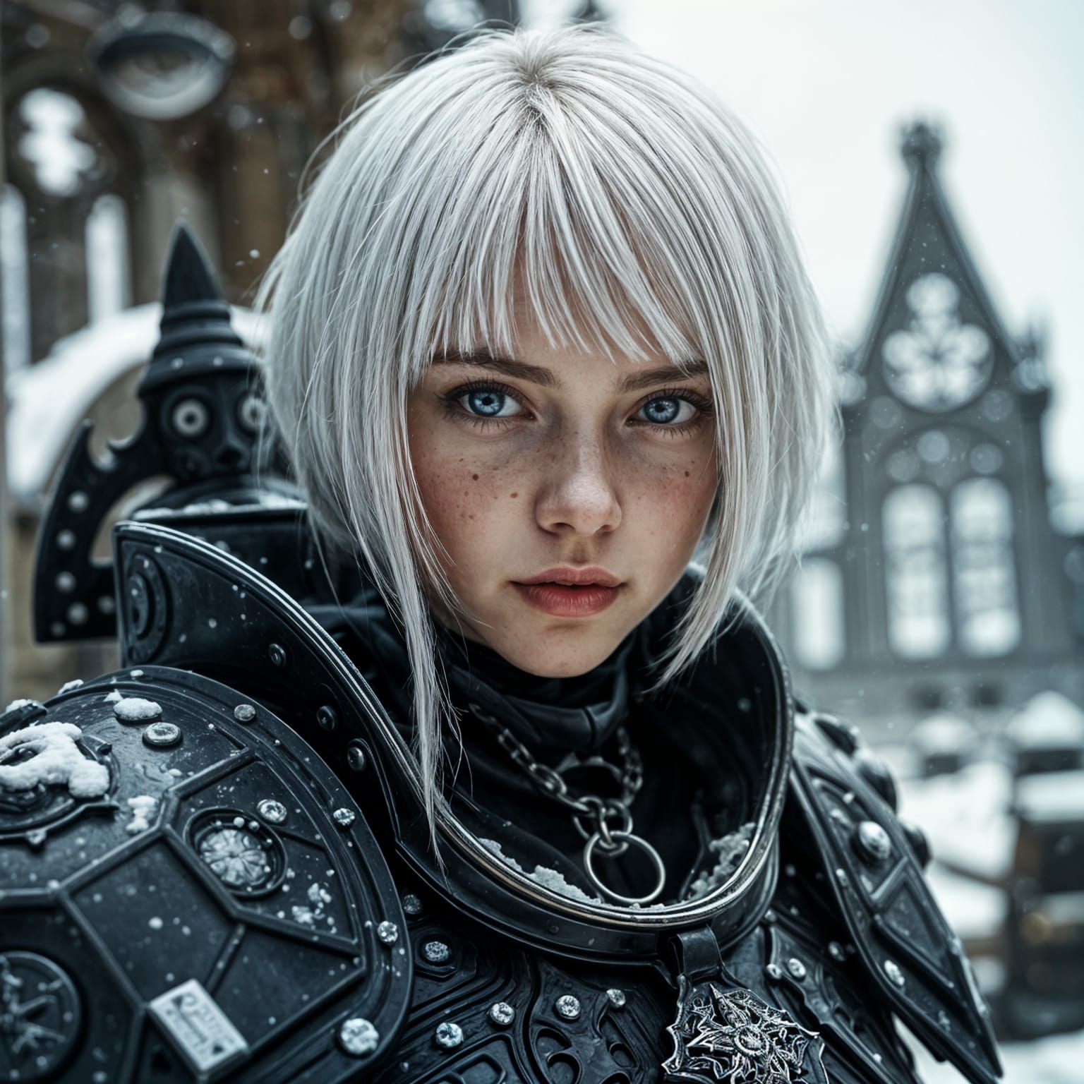 Dark Gothic Sister of Battle Portrait in Snowy Ruins