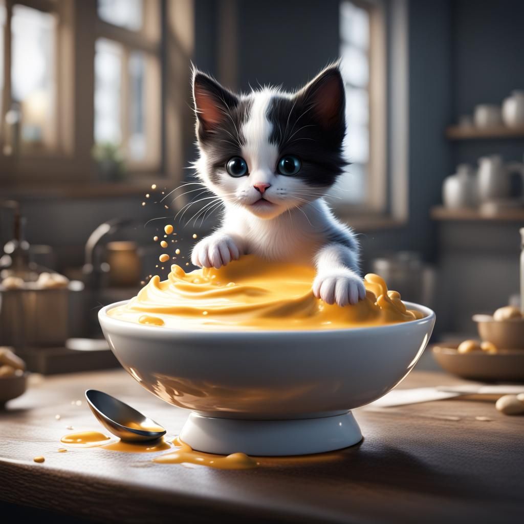 Kitten Jumps from Cream Bowl: Detailed Matte Painting