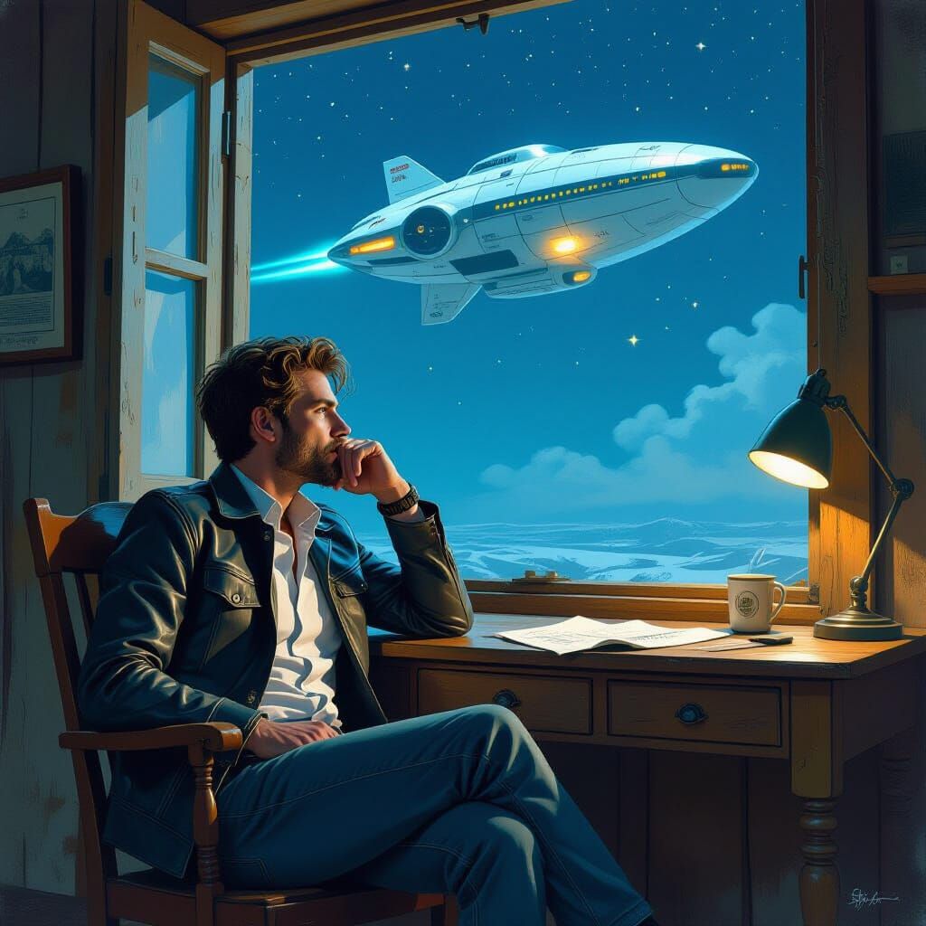 Scientist Contemplates Spaceship in Whimsical Sci-Fi Style