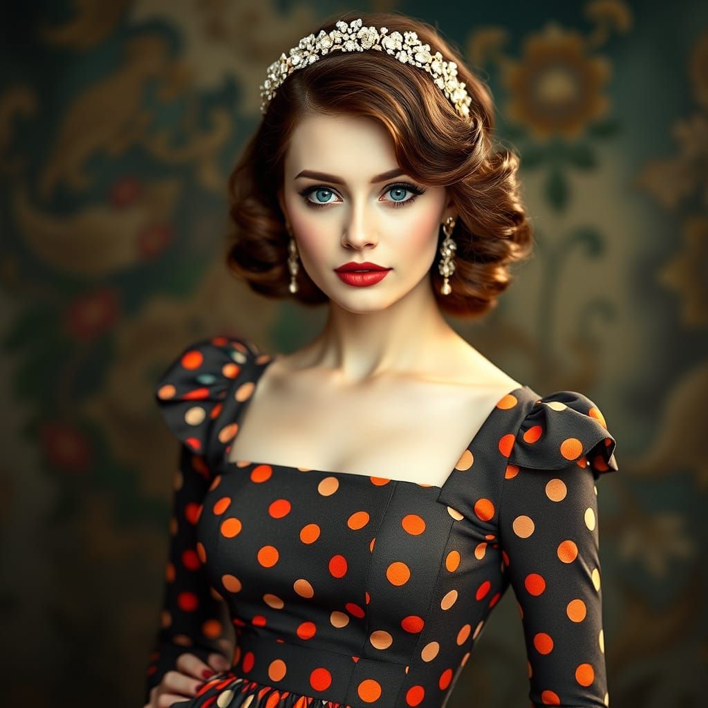 Regal Woman in Polka Dot Dress, 1950s Couture Style