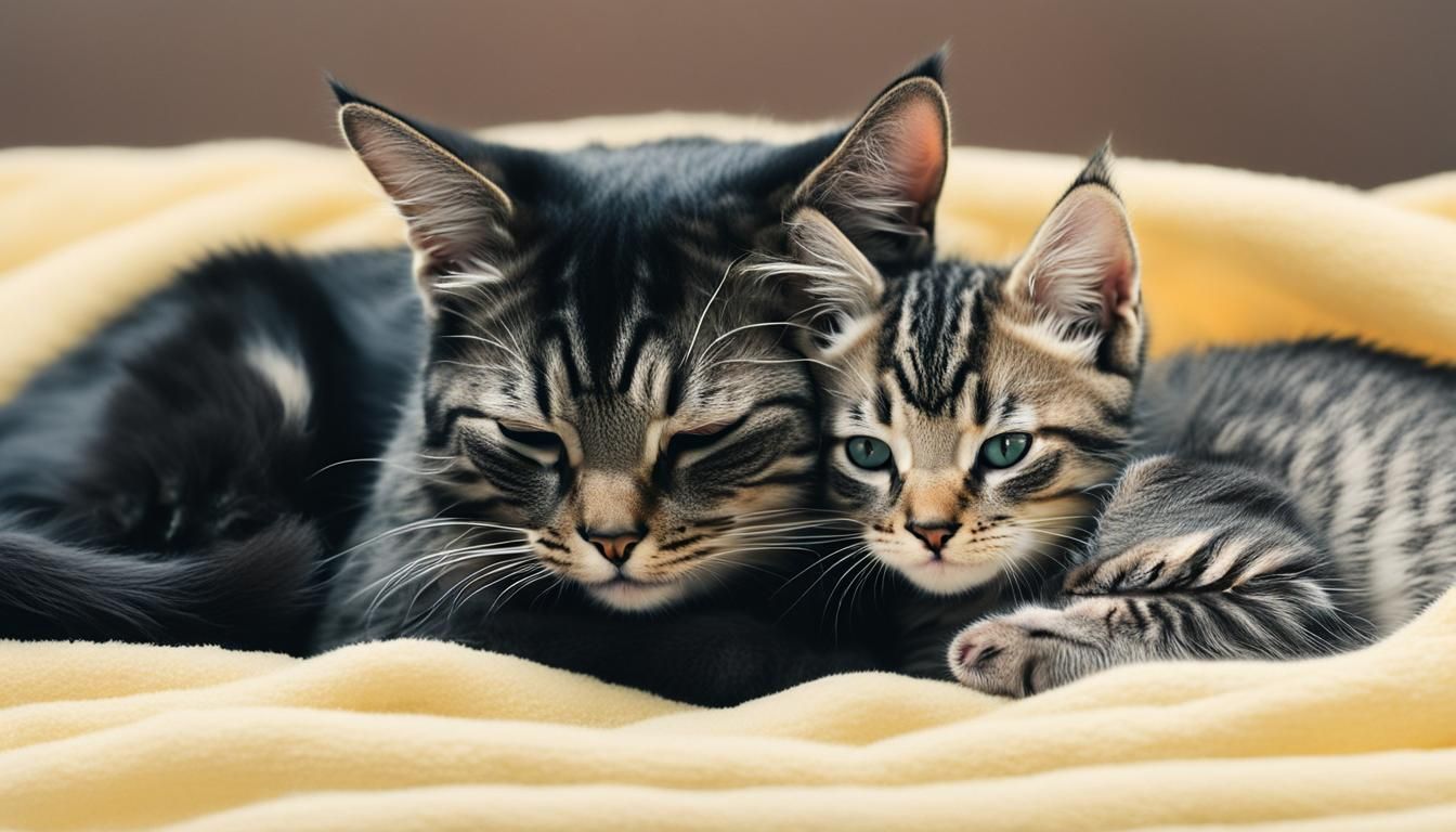Kitten Snuggling with Gorgeous Black Tabby Cat