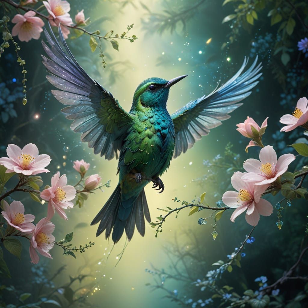 Enchanted Bird on Branch in Emerald Sanctuary