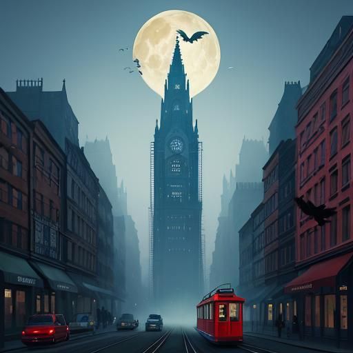 Surreal Dreamscape with Flying Tramway, Collage Style