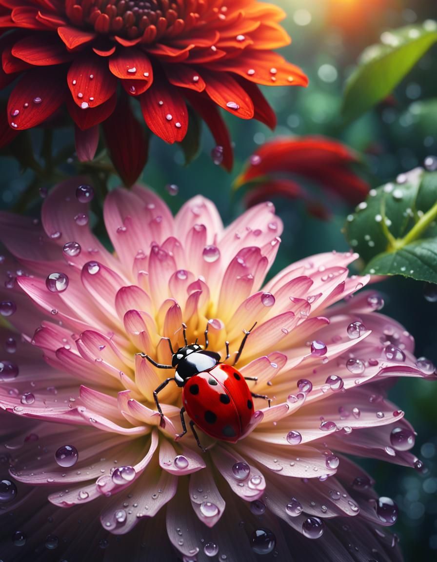 Ladybug on Dahlia: Impressionist Tropical Forest Masterpiece