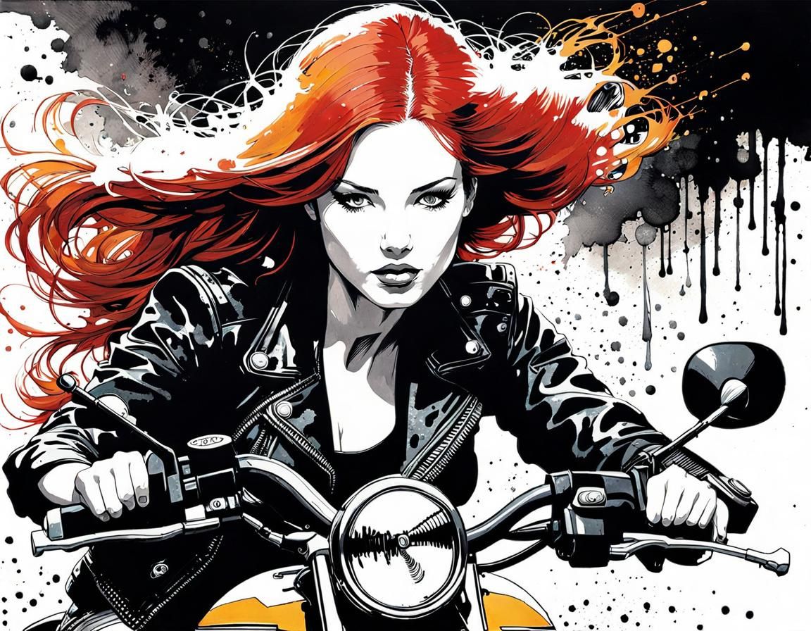 Redhead Biker Girl in Ink Splatter Portrait