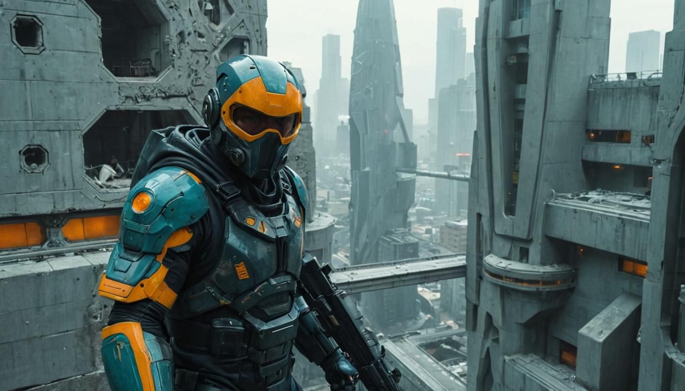 Futuristic Guerilla Fighter in Alien Cityscape