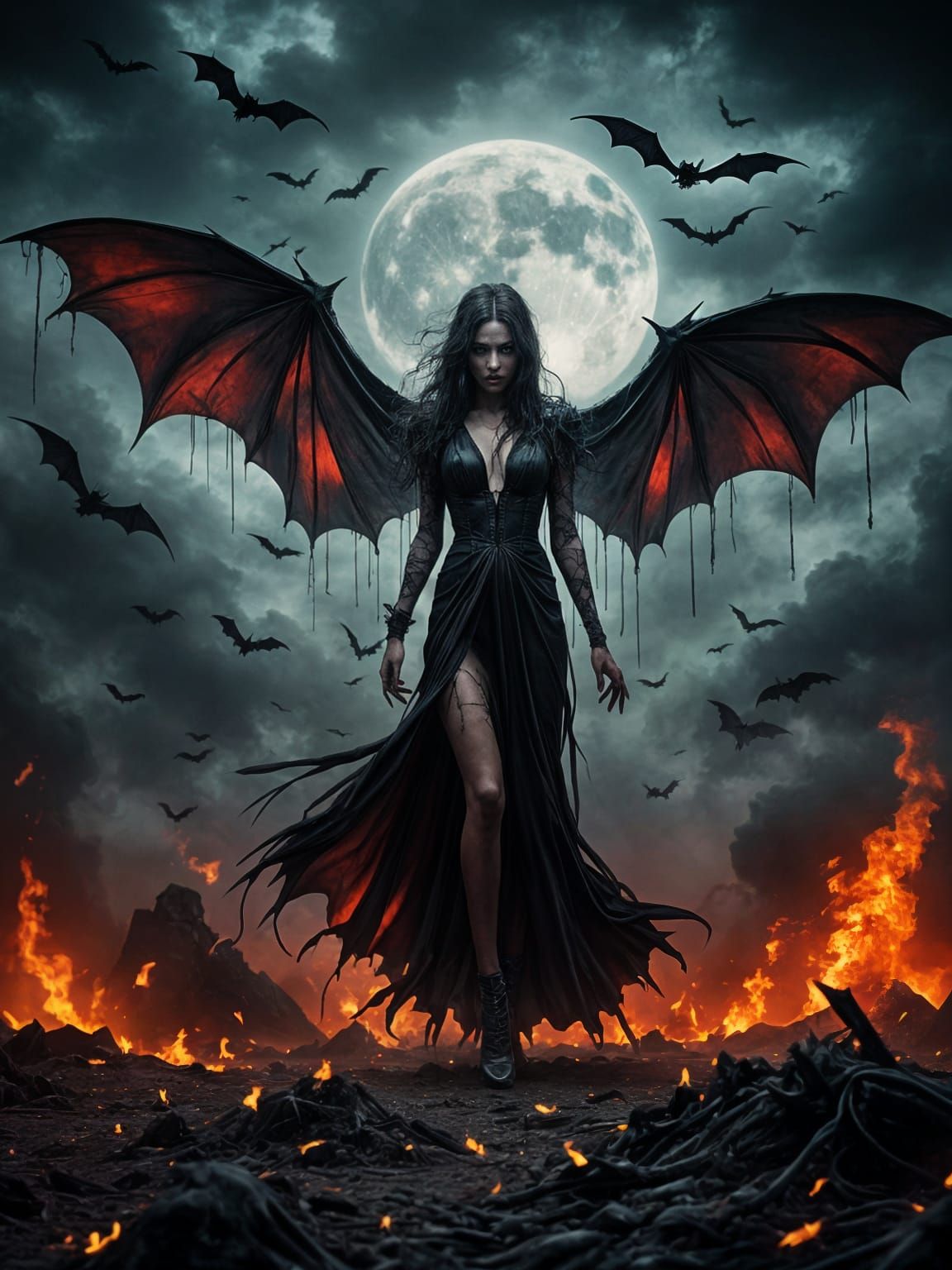 Sensual Vampire Dances Amidst Destruction in Chiaroscuro